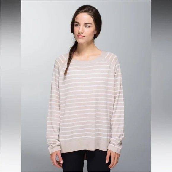 EUC Lululemon Post Savasana Striped Tan White Pullover Sweater- Size 6 - Picture 1 of 13